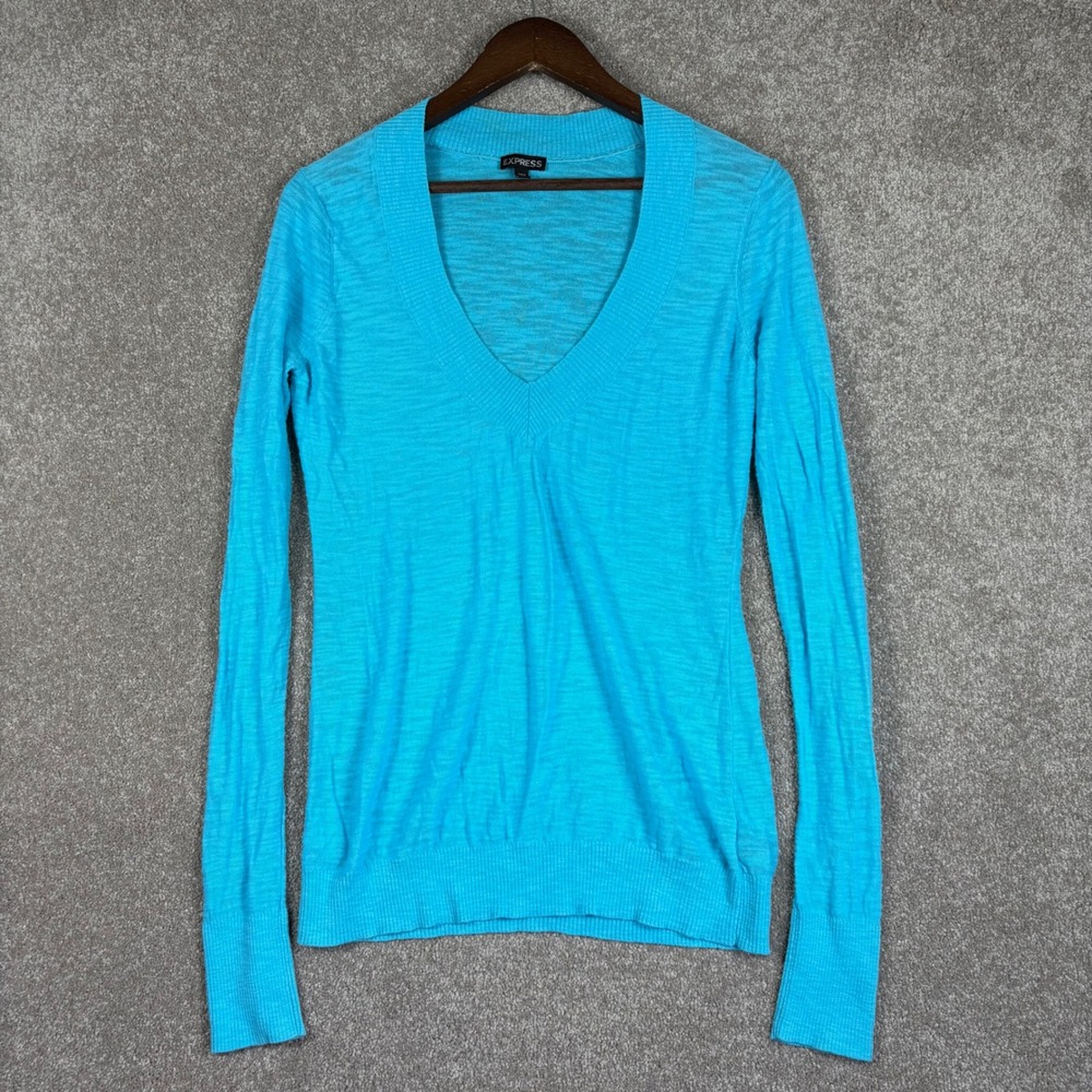Express Womens Turquoise Blue V-Neck Long Sleeve Slub Knit Sweater Large